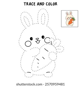Doodle rabbit with carrot clipart vector. Easter bunny coloring pages easter worksheets printable for kids activity, Kindergarten and preschool. Trace and color Easter bunny worksheets. 