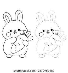 Doodle rabbit with carrot clipart vector. Easter bunny coloring pages easter worksheets printable for kids activity, Kindergarten and preschool. Trace and color Easter bunny worksheets. 