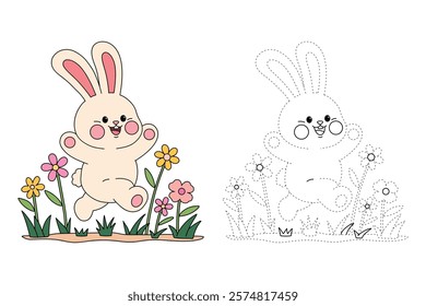 Doodle rabbit coloring pages for kids. Trace and color cute rabbit. Rabbit animal flashcard. Cute rabbit easter isolated on white background. Kindergarten and preschool worksheets for kids printable. 