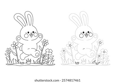 Doodle rabbit coloring pages for kids. Trace and color cute rabbit. Rabbit animal flashcard. Cute rabbit easter isolated on white background. Kindergarten and preschool worksheets for kids printable. 