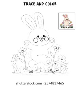 Doodle rabbit coloring pages for kids. Trace and color cute rabbit. Rabbit animal flashcard. Cute rabbit easter isolated on white background. Kindergarten and preschool worksheets for kids printable. 