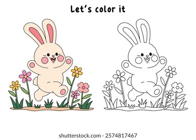 Doodle rabbit coloring pages for kids. Trace and color cute rabbit. Rabbit animal flashcard. Cute rabbit easter isolated on white background. Kindergarten and preschool worksheets for kids printable. 