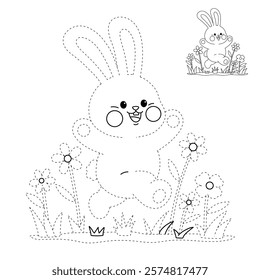 Doodle rabbit coloring pages for kids. Trace and color cute rabbit. Rabbit animal flashcard. Cute rabbit easter isolated on white background. Kindergarten and preschool worksheets for kids printable. 