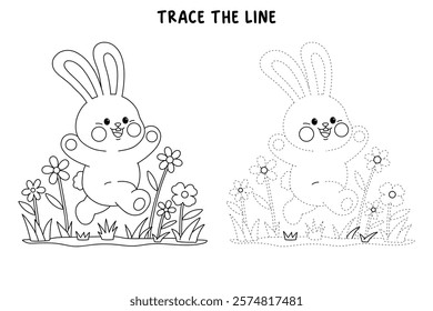 Doodle rabbit coloring pages for kids. Trace and color cute rabbit. Rabbit animal flashcard. Cute rabbit easter isolated on white background. Kindergarten and preschool worksheets for kids printable. 