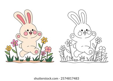 Doodle rabbit coloring pages for kids. Trace and color cute rabbit. Rabbit animal flashcard. Cute rabbit easter isolated on white background. Kindergarten and preschool worksheets for kids printable. 