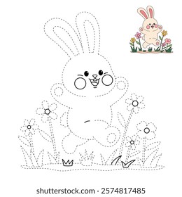 Doodle rabbit coloring pages for kids. Trace and color cute rabbit. Rabbit animal flashcard. Cute rabbit easter isolated on white background. Kindergarten and preschool worksheets for kids printable. 