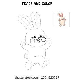 Doodle rabbit coloring pages for kids. Trace and color cute rabbit. Rabbit animal flashcard. Cute rabbit easter isolated on white background. Kindergarten and preschool worksheets for kids printable. 