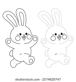 Doodle rabbit coloring pages for kids. Trace and color cute rabbit. Rabbit animal flashcard. Cute rabbit easter isolated on white background. Kindergarten and preschool worksheets for kids printable. 