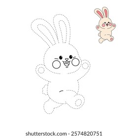 Doodle rabbit coloring pages for kids. Trace and color cute rabbit. Rabbit animal flashcard. Cute rabbit easter isolated on white background. Kindergarten and preschool worksheets for kids printable. 