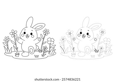 Doodle rabbit coloring pages for kids. Trace and color cute rabbit. Rabbit animal flashcard. Cute rabbit easter isolated on white background. Kindergarten and preschool worksheets for kids printable. 