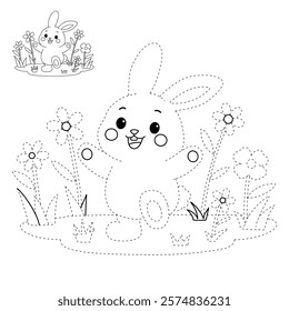 Doodle rabbit coloring pages for kids. Trace and color cute rabbit. Rabbit animal flashcard. Cute rabbit easter isolated on white background. Kindergarten and preschool worksheets for kids printable. 