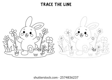 Doodle rabbit coloring pages for kids. Trace and color cute rabbit. Rabbit animal flashcard. Cute rabbit easter isolated on white background. Kindergarten and preschool worksheets for kids printable. 