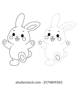 Doodle rabbit coloring pages for kids. Trace and color cute rabbit. Rabbit animal flashcard. Cute rabbit easter isolated on white background. Kindergarten and preschool worksheets for kids printable. 