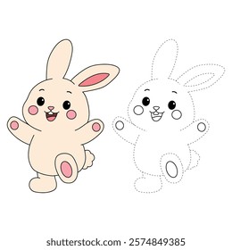 Doodle rabbit coloring pages for kids. Trace and color cute rabbit. Rabbit animal flashcard. Cute rabbit easter isolated on white background. Kindergarten and preschool worksheets for kids printable. 