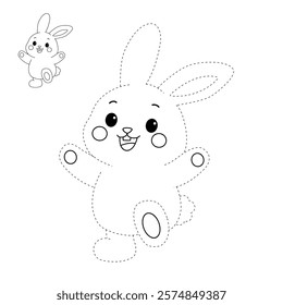 Doodle rabbit coloring pages for kids. Trace and color cute rabbit. Rabbit animal flashcard. Cute rabbit easter isolated on white background. Kindergarten and preschool worksheets for kids printable. 