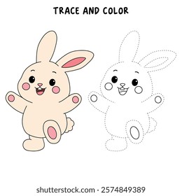 Doodle rabbit coloring pages for kids. Trace and color cute rabbit. Rabbit animal flashcard. Cute rabbit easter isolated on white background. Kindergarten and preschool worksheets for kids printable. 