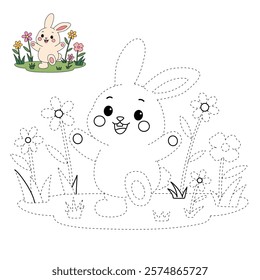 Doodle rabbit coloring pages for kids. Trace and color cute rabbit. Rabbit in spring garden. Rabbit easter isolated on white background. Kindergarten and preschool worksheets for kids printable. 