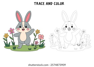 Doodle rabbit coloring pages for kids. Trace and color cute rabbit. Rabbit in spring garden. Cute rabbit easter isolated on white background. Kindergarten and preschool worksheets for kids printable. 
