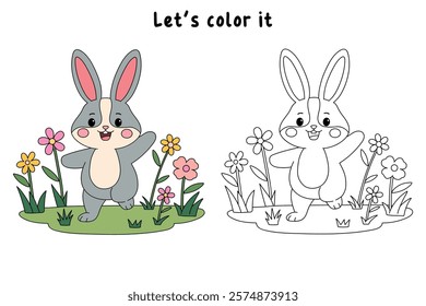 Doodle rabbit coloring pages for kids. Trace and color cute rabbit. Rabbit in spring garden. Cute rabbit easter isolated on white background. Kindergarten and preschool worksheets for kids printable. 