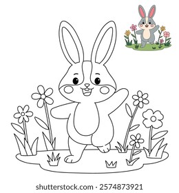 Doodle rabbit coloring pages for kids. Trace and color cute rabbit. Rabbit in spring garden. Cute rabbit easter isolated on white background. Kindergarten and preschool worksheets for kids printable. 