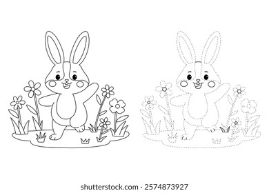Doodle rabbit coloring pages for kids. Trace and color cute rabbit. Rabbit in spring garden. Cute rabbit easter isolated on white background. Kindergarten and preschool worksheets for kids printable. 
