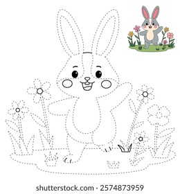 Doodle rabbit coloring pages for kids. Trace and color cute rabbit. Rabbit in spring garden. Cute rabbit easter isolated on white background. Kindergarten and preschool worksheets for kids printable. 