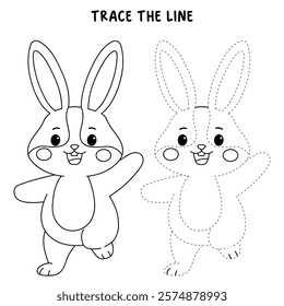 Doodle rabbit coloring pages for kids. Trace and color cute rabbit. Rabbit in spring garden. Cute rabbit easter isolated on white background. Kindergarten and preschool worksheets for kids printable. 