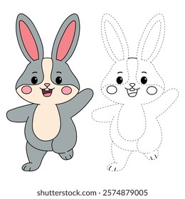 Doodle rabbit coloring pages for kids. Trace and color cute rabbit. Rabbit in spring garden. Cute rabbit easter isolated on white background. Kindergarten and preschool worksheets for kids printable. 