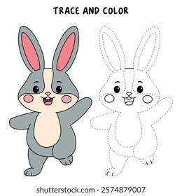 Doodle rabbit coloring pages for kids. Trace and color cute rabbit. Rabbit in spring garden. Cute rabbit easter isolated on white background. Kindergarten and preschool worksheets for kids printable. 