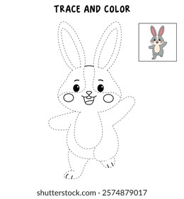 Doodle rabbit coloring pages for kids. Trace and color cute rabbit. Rabbit in spring garden. Cute rabbit easter isolated on white background. Kindergarten and preschool worksheets for kids printable. 