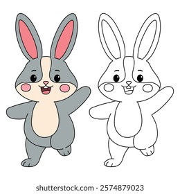 Doodle rabbit coloring pages for kids. Trace and color cute rabbit. Rabbit in spring garden. Cute rabbit easter isolated on white background. Kindergarten and preschool worksheets for kids printable. 