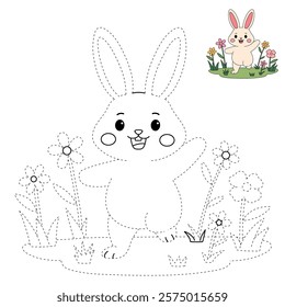 Doodle rabbit coloring pages for kids. Trace and color cute rabbit. Rabbit in spring garden. Cute rabbit easter isolated on white background. Kindergarten and preschool worksheets for kids printable. 