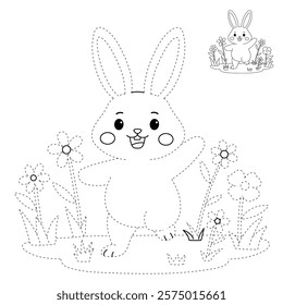 Doodle rabbit coloring pages for kids. Trace and color cute rabbit. Rabbit in spring garden. Cute rabbit easter isolated on white background. Kindergarten and preschool worksheets for kids printable. 