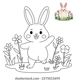 Doodle rabbit coloring pages for kids. Trace and color cute rabbit. Rabbit in spring garden. Cute rabbit easter isolated on white background. Kindergarten and preschool worksheets for kids printable. 