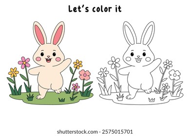 Doodle rabbit coloring pages for kids. Trace and color cute rabbit. Rabbit in spring garden. Cute rabbit easter isolated on white background. Kindergarten and preschool worksheets for kids printable. 