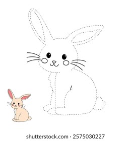 Doodle rabbit coloring pages for kids. Trace and color cute rabbit. Rabbit in spring garden. Cute rabbit easter isolated on white background. Kindergarten and preschool worksheets for kids printable. 