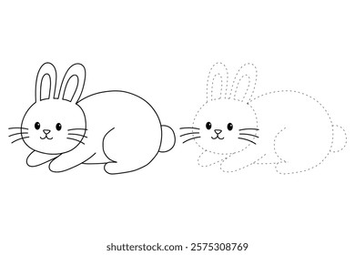 Doodle rabbit coloring pages for kids. Trace and color cute rabbit. Rabbit in spring garden. Cute rabbit easter isolated on white background. Kindergarten and preschool worksheets for kids printable. 