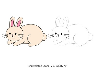 Doodle rabbit coloring pages for kids. Trace and color cute rabbit. Rabbit in spring garden. Cute rabbit easter isolated on white background. Kindergarten and preschool worksheets for kids printable. 