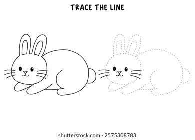 Doodle rabbit coloring pages for kids. Trace and color cute rabbit. Rabbit in spring garden. Cute rabbit easter isolated on white background. Kindergarten and preschool worksheets for kids printable. 