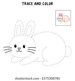 Doodle rabbit coloring pages for kids. Trace and color cute rabbit. Rabbit in spring garden. Cute rabbit easter isolated on white background. Kindergarten and preschool worksheets for kids printable. 