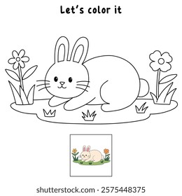 Doodle rabbit coloring pages for kids. Trace and color cute rabbit. Rabbit in spring garden. Cute rabbit easter isolated on white background. Kindergarten and preschool worksheets for kids printable. 