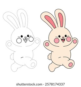 Doodle rabbit coloring pages for kids. Trace and color cute rabbit. Rabbit animal flashcard. Cute rabbit easter isolated on white background. Kindergarten and preschool worksheets for kids printable. 