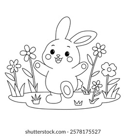 Doodle rabbit coloring pages for kids. Trace and color cute rabbit. Rabbit in spring garden. Cute rabbit easter isolated on white background. Kindergarten and preschool worksheets for kids printable. 