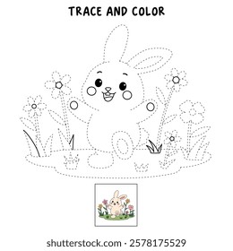 Doodle rabbit coloring pages for kids. Trace and color cute rabbit. Rabbit in spring garden. Cute rabbit easter isolated on white background. Kindergarten and preschool worksheets for kids printable. 