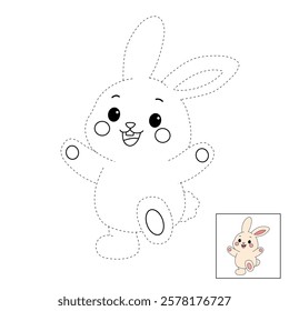 Doodle rabbit coloring pages for kids. Trace and color cute rabbit. Rabbit animal flashcard. Cute rabbit easter isolated on white background. Kindergarten and preschool worksheets for kids printable. 