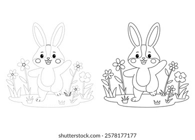 Doodle rabbit coloring pages for kids. Trace and color cute rabbit. Rabbit in spring garden. Cute rabbit easter isolated on white background. Kindergarten and preschool worksheets for kids printable. 