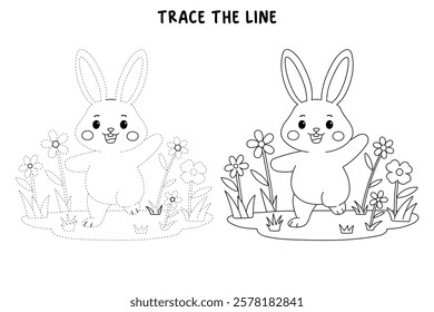 Doodle rabbit coloring pages for kids. Trace and color cute rabbit. Rabbit in spring garden. Cute rabbit easter isolated on white background. Kindergarten and preschool worksheets for kids printable. 