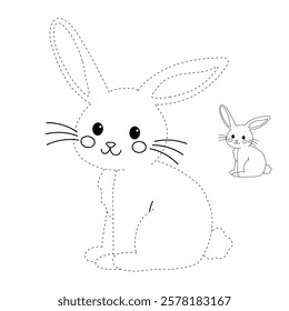 Doodle rabbit coloring pages for kids. Trace and color cute rabbit. Rabbit in spring garden. Cute rabbit easter isolated on white background. Kindergarten and preschool worksheets for kids printable. 