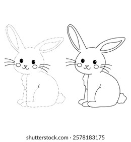 Doodle rabbit coloring pages for kids. Trace and color cute rabbit. Rabbit in spring garden. Cute rabbit easter isolated on white background. Kindergarten and preschool worksheets for kids printable. 