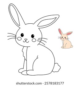 Doodle rabbit coloring pages for kids. Trace and color cute rabbit. Rabbit in spring garden. Cute rabbit easter isolated on white background. Kindergarten and preschool worksheets for kids printable. 